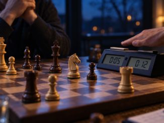 Schachpartie unter Zeitdruck mit digitaler Uhr und fünf Sekunden Restzeit